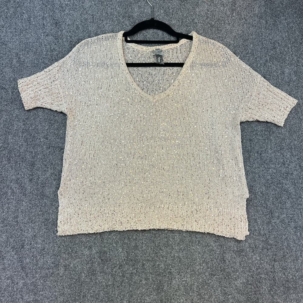 Vanity Beige Sequin Knit Short Sleeve Sweater Top Size S